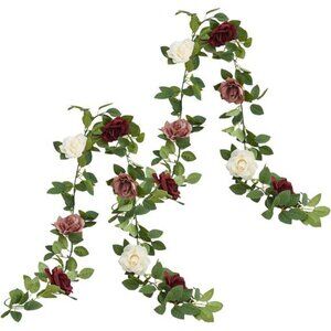 Burgundy Artificial Rose Garlands Rose Vines Leaves Banners Hanging Floral